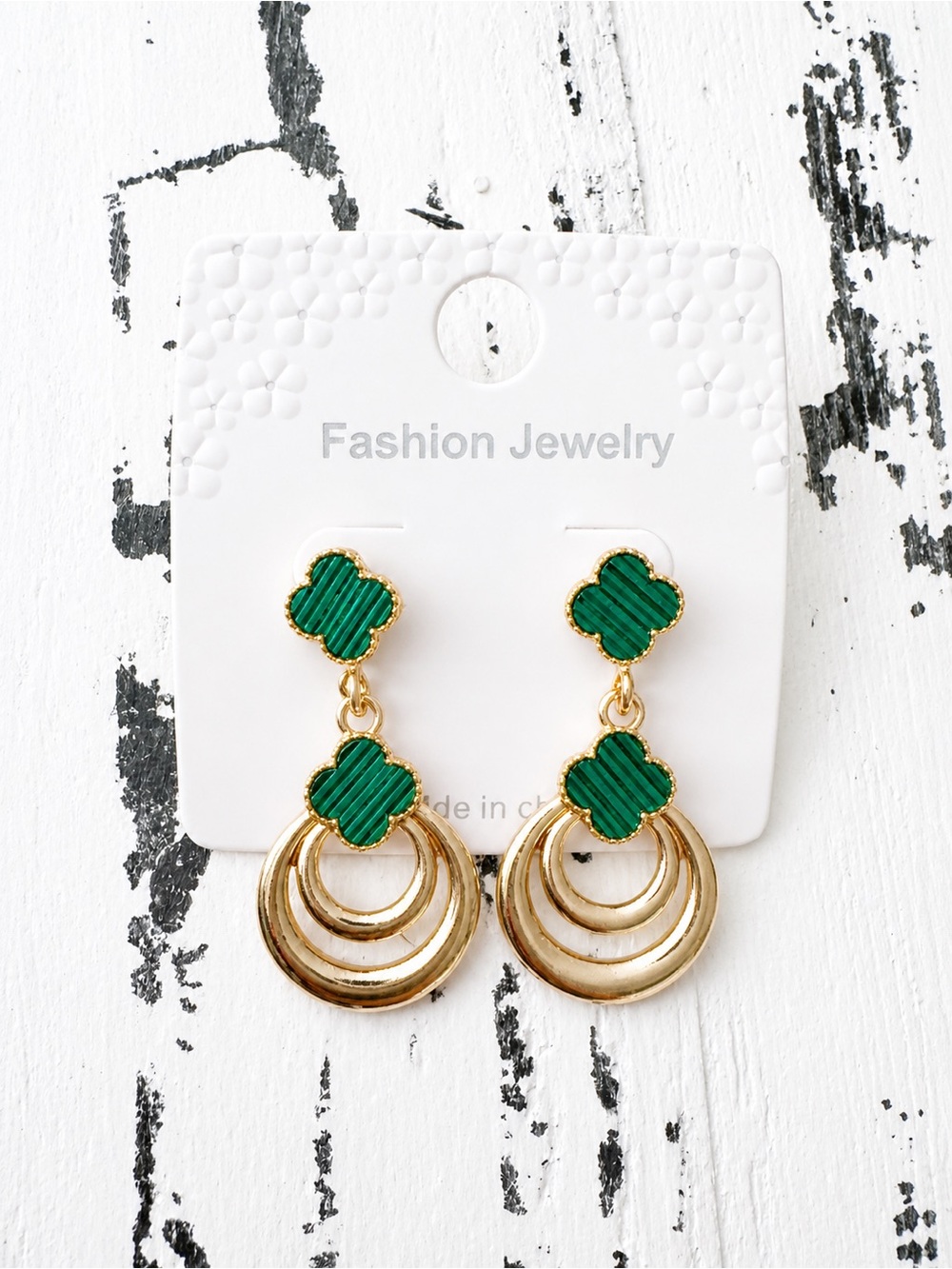 Fashion Jewelry Gold and Green Clover Drop Earrings